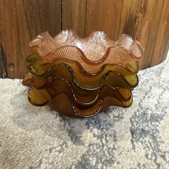 Vintage Italian Colony Amber Waffle Glass Ruffled Fruit Dessert Bowls Lot 1960s - Picture 1 of 13